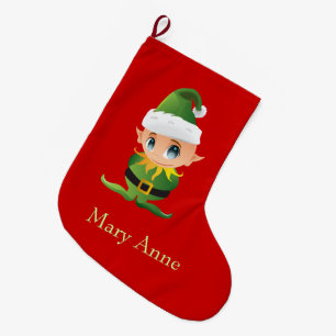 Cute Green Elf Kids Christmas Stocking