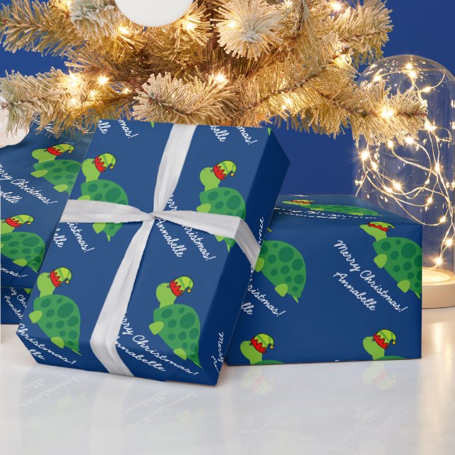 Cute green elf turtle children's Christmas Wrapping Paper (Holidays)
