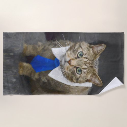 Cute green_eyed brown tabby cat wearing a blue tie beach towel