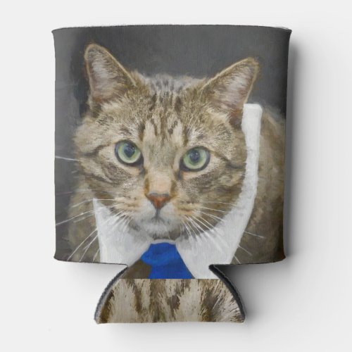 Cute green_eyed brown tabby cat wearing a blue tie can cooler