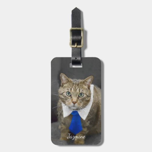 Cute green_eyed brown tabby cat wearing a blue tie luggage tag