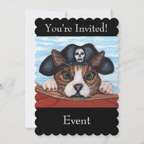 Cute Green Eyed Cat in Black Pirate Hat Red Boat Invitation
