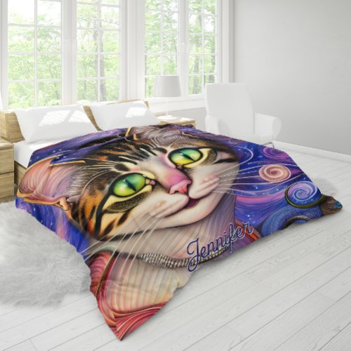 Cute Green Eyes Cat Personalized Name Duvet Cover