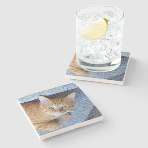 Cute Green Eyes Orange Tabby Cat Stone Coaster