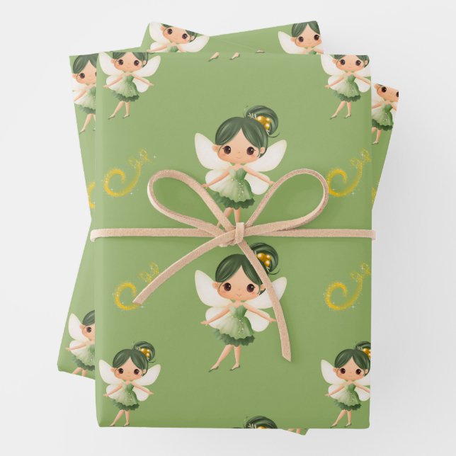 Cute Green fairy Wrapping Paper Sheets (In situ)