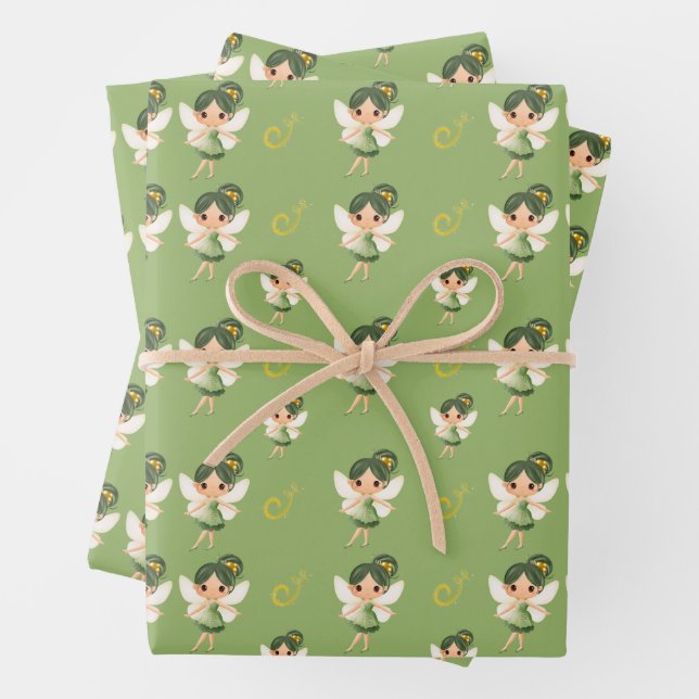 Cute Green Fairy Wrapping Paper Sheets (In situ)