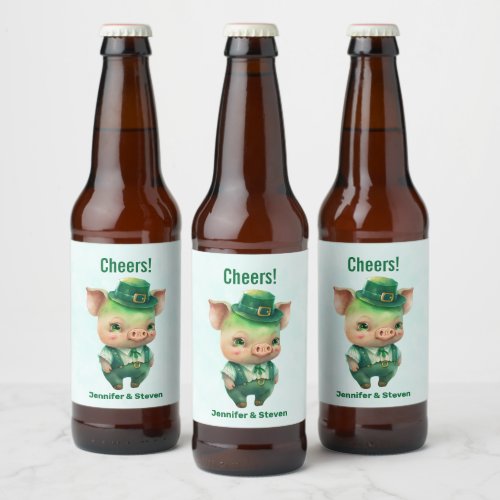 Cute Green Fairytale Pig in Fancy Attire Beer Bottle Label