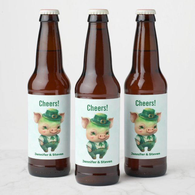 Cute Green Fairytale Pig in Fancy Attire Beer Bottle Label (Bottles)
