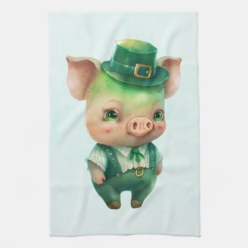 Cute Green Fairytale Pig in Fancy Attire Kitchen Towel