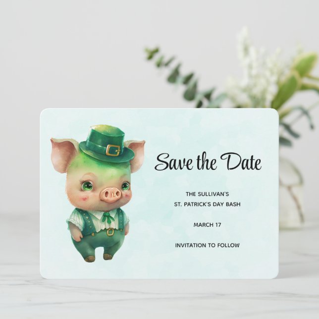 Cute Green Fairytale Pig in Fancy Attire Save The  Date (Standing Front)