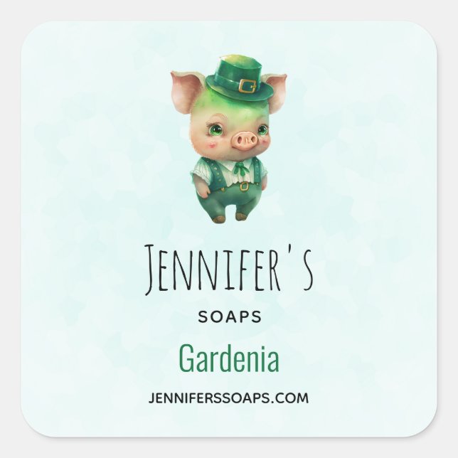 Cute Green Fairytale Pig in Fancy Attire Soap Biz Square Sticker (Front)