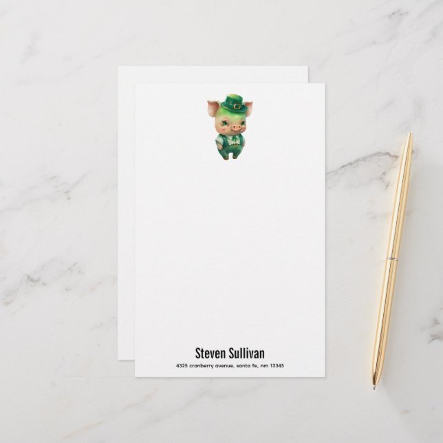 Cute Green Fairytale Pig in Fancy Attire Stationery (Front/Back In Situ)