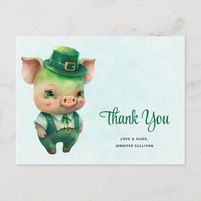 Cute Green Fairytale Pig in Fancy Attire Thank You Postcard (Front)