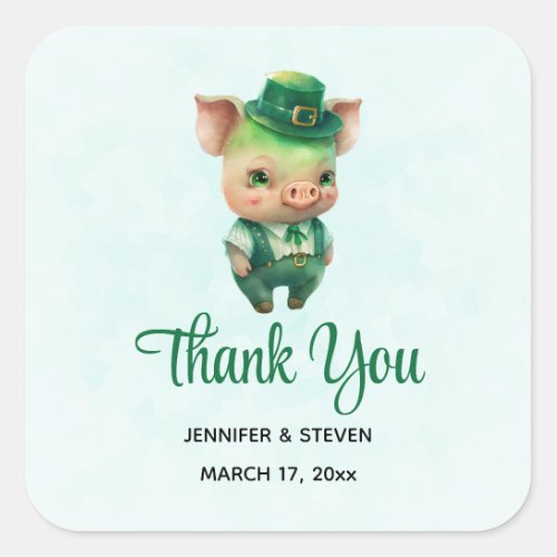 Cute Green Fairytale Pig in Fancy Attire Thank You Square Sticker