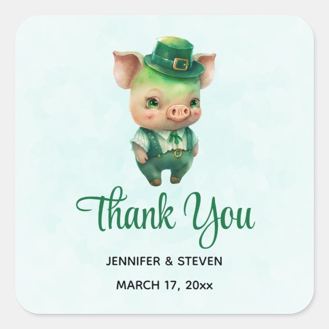 Cute Green Fairytale Pig in Fancy Attire Thank You Square Sticker (Front)