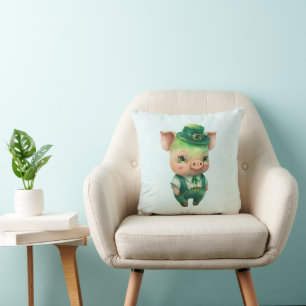 Cute Green Fairytale Pig in Fancy Attire Throw Pillow