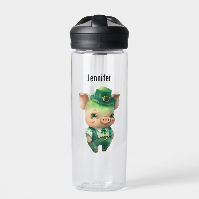 Cute Green Fairytale Pig in Fancy Attire Water Bottle (Front)