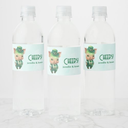 Cute Green Fairytale Pig in Fancy Attire Water Bottle Label