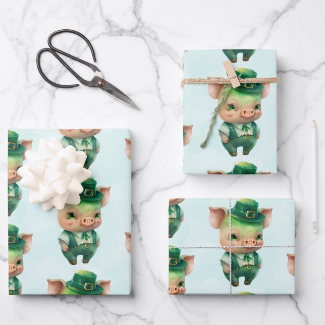 Cute Green Fairytale Pig in Fancy Attire Wrapping Paper Sheets (Front)