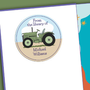 Cute Green Farm Tractor Personalized Bookplate