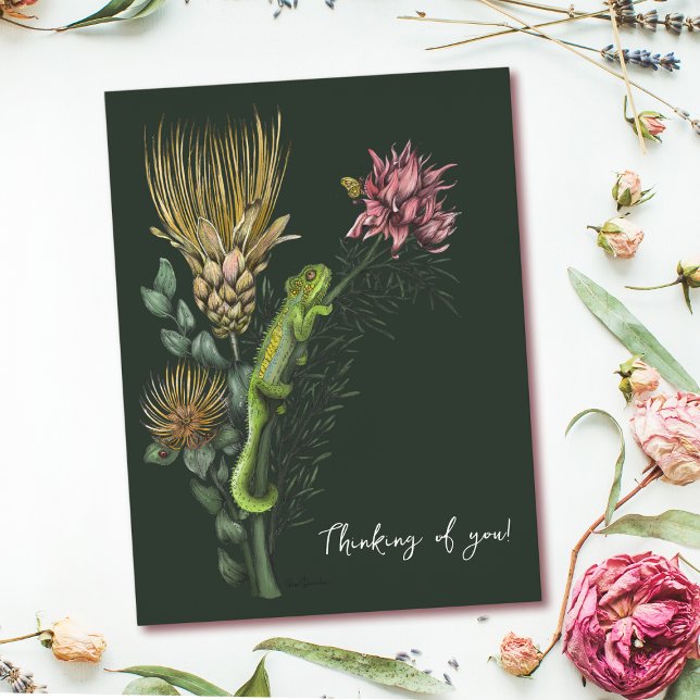 Cute Green Floral Chameleon Art Thinking of You Postcard (Creator Uploaded)