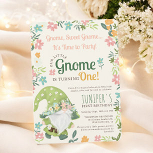 Cute Green Floral Woodland Gnome 1st Birthday Invitation