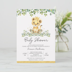 Cute Green Foliage Boys Lion Baby Shower Invitation