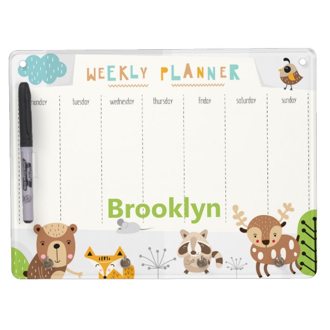 Cute Green Forest Animals Kids Weekly Planner Dry Erase Board With Keychain Holder (Front)