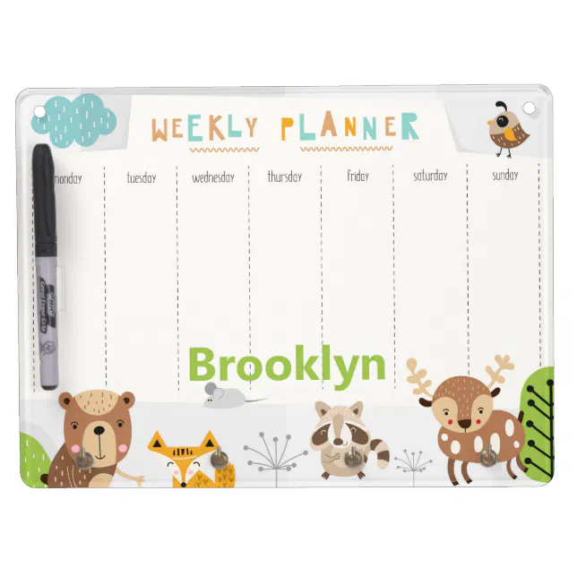 Cute Green Forest Animals Kids Weekly Planner Dry Erase Board With ...