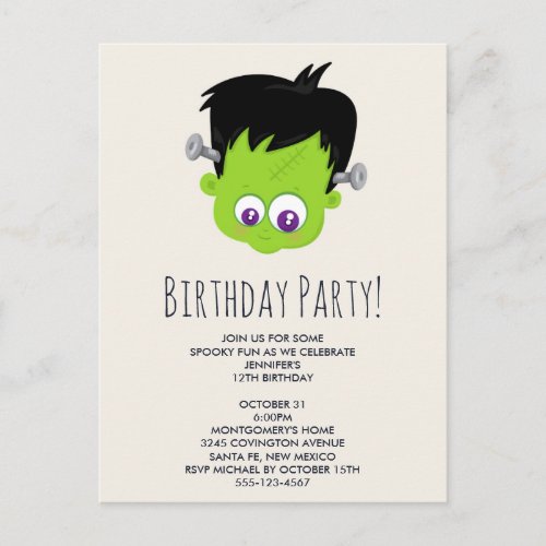 Cute Green Frankenstein Monster Birthday Party Postcard