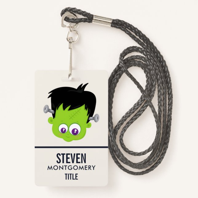 Cute Green Frankenstein Monster face Halloween Badge (Front with Lanyard)