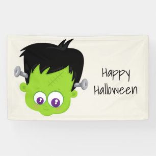 Cute Green Frankenstein Monster face Halloween Banner