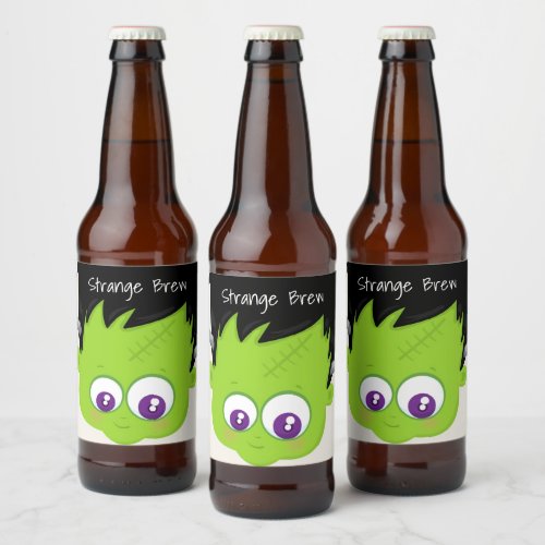 Cute Green Frankenstein Monster face Halloween Beer Bottle Label