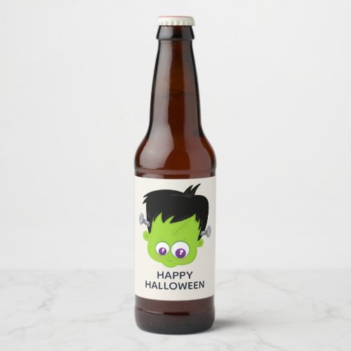 Cute Green Frankenstein Monster face Halloween Beer Bottle Label