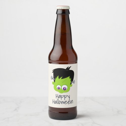 Cute Green Frankenstein Monster face Halloween Beer Bottle Label