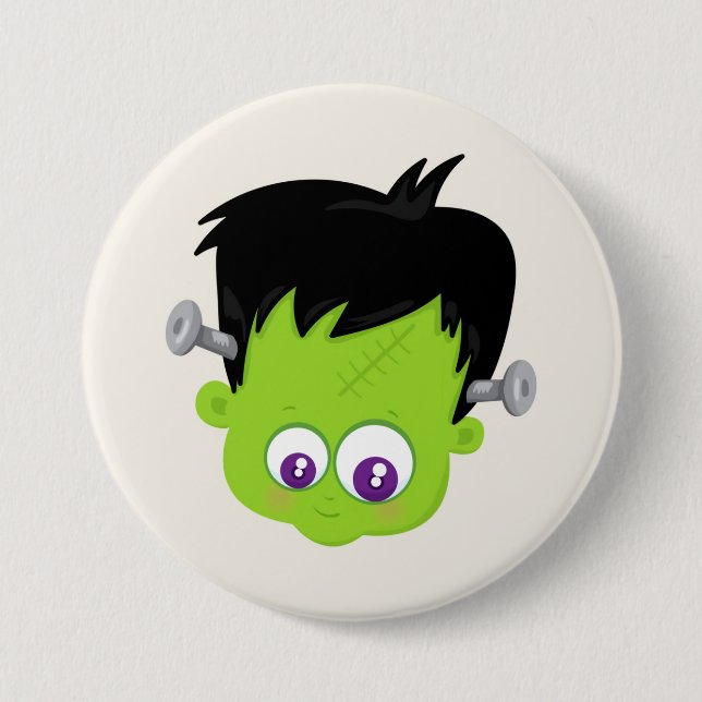 Cute Green Frankenstein Monster face Halloween Button (Front)