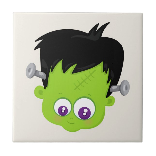 Cute Green Frankenstein Monster face Halloween Ceramic Tile (Front)