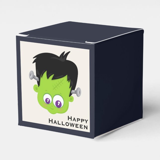 Cute Green Frankenstein Monster face Halloween Favor Boxes (Front Side)