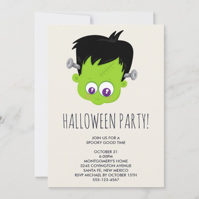 Cute Green Frankenstein Monster face Halloween Invitation (Front)