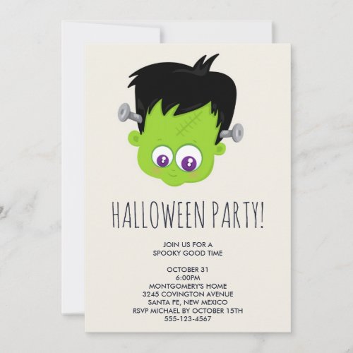 Cute Green Frankenstein Monster face Halloween Invitation