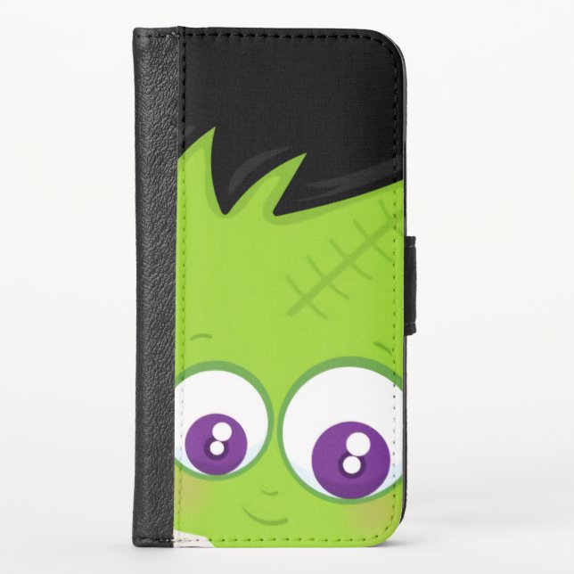 Cute Green Frankenstein Monster face Halloween iPhone Wallet Case (Front)