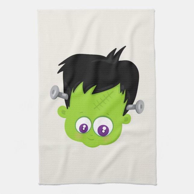 Cute Green Frankenstein Monster face Halloween Kitchen Towel (Vertical)