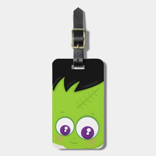 Cute Green Frankenstein Monster face Halloween Luggage Tag (Front Vertical)