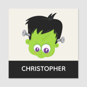 Cute Green Frankenstein Monster face Halloween Name Tag