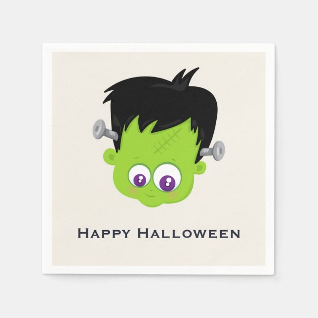 Cute Green Frankenstein Monster face Halloween Napkins (Front)