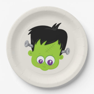 Cute Green Frankenstein Monster face Halloween Paper Plates