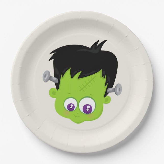 Cute Green Frankenstein Monster face Halloween Paper Plates (Front)