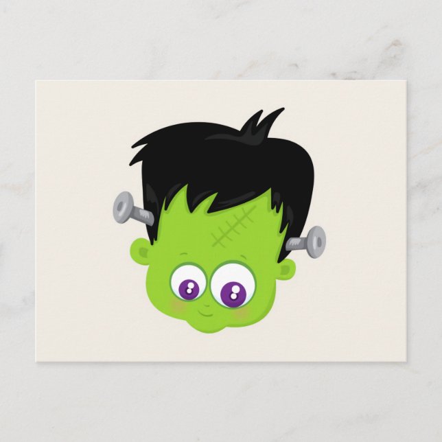 Cute Green Frankenstein Monster face Halloween Postcard (Front)
