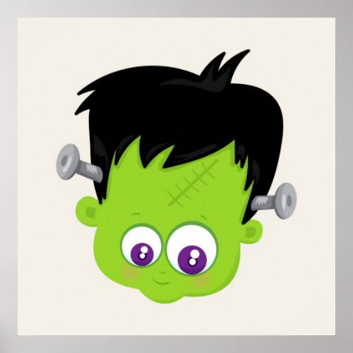 Cute Green Frankenstein Monster face Halloween Poster