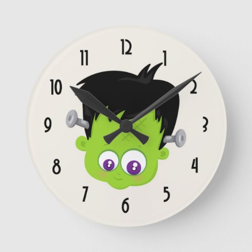 Cute Green Frankenstein Monster face Halloween Round Clock